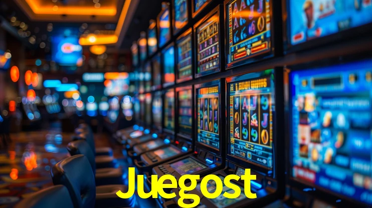 Una escena digital vívida inspirada en casino con Juegost mostrado prominentemente, luces brillantes, fichas, cartas y acentos dorados.