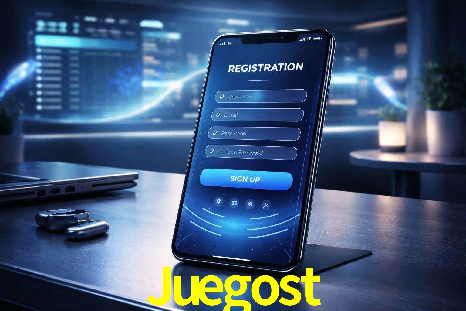 Una interfaz moderna de registro móvil para Juegost mostrada en un smartphone con un panel de apuestas elegante.